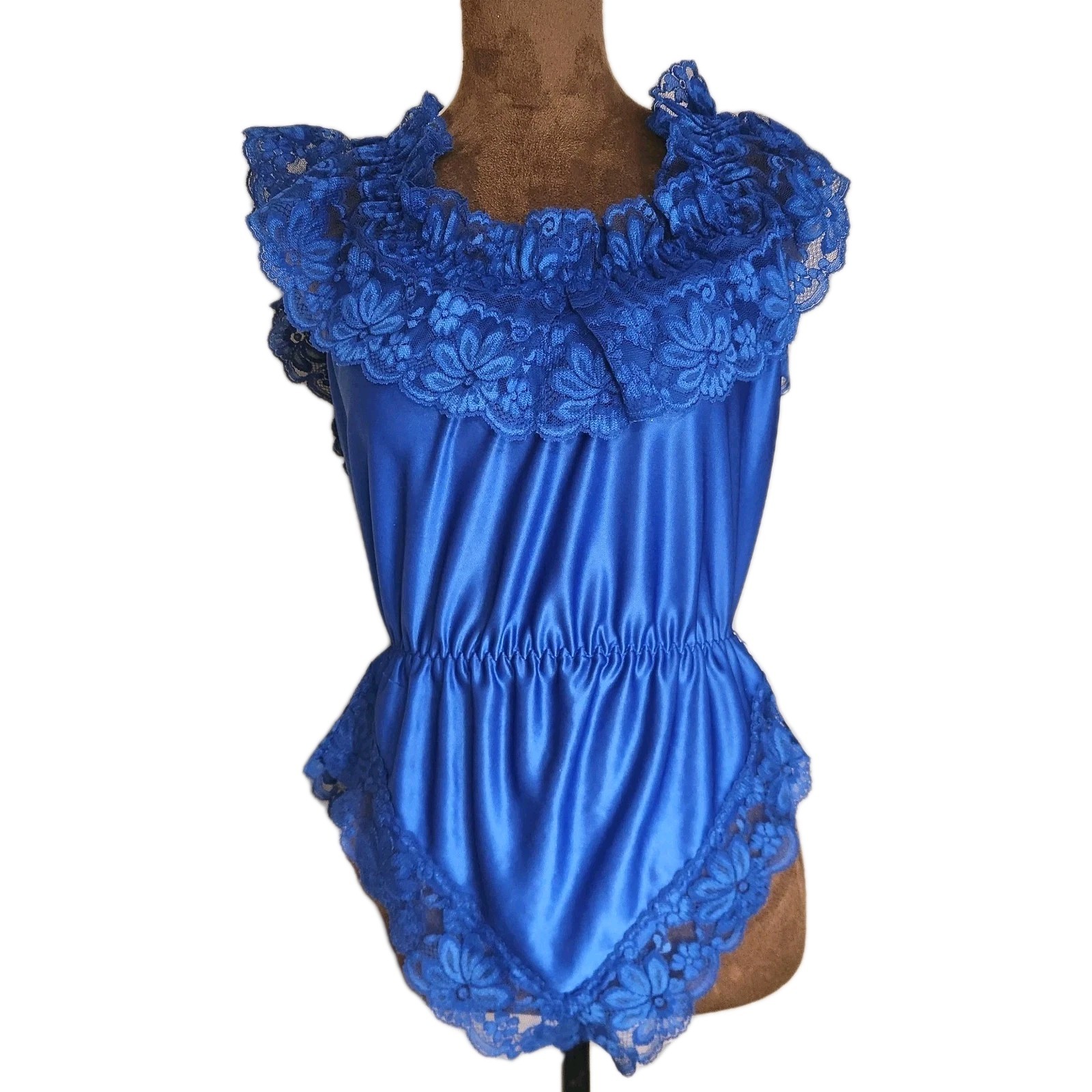 Vtg Dolores Poirette Royal Blue Lace Teddy Romper Bodysuit Size S Union Made