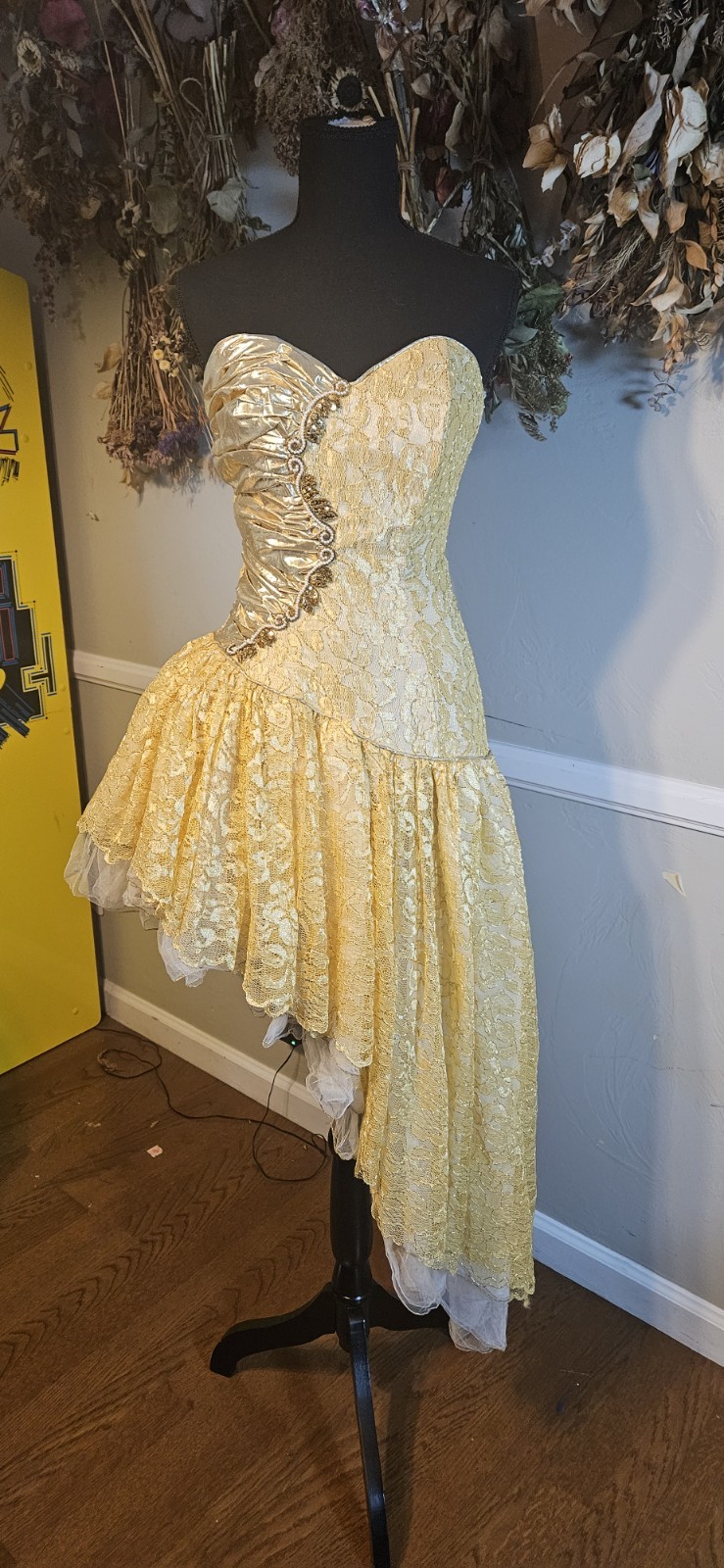 Vintage Deadstock Gold Asymmetrical Strapless Prom Dress Mkd Sz 8