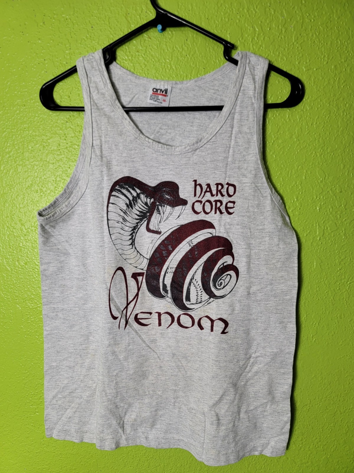 Vintage 1980s Womens Tank Top Anvil M Gray Single Stitch Hardcore Venom Cobra