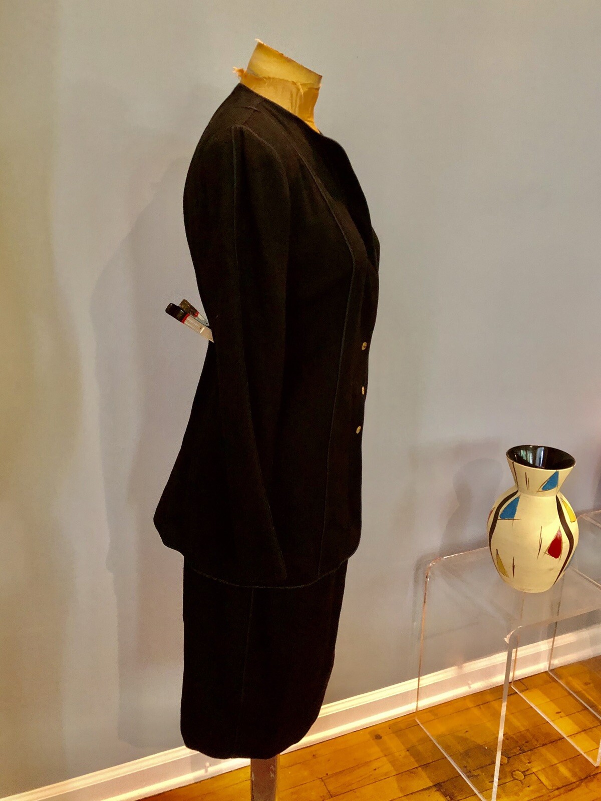 Geoffrey Beene Black Wool Jacket & Pencil Skirt Suit Military Edwardian Piping