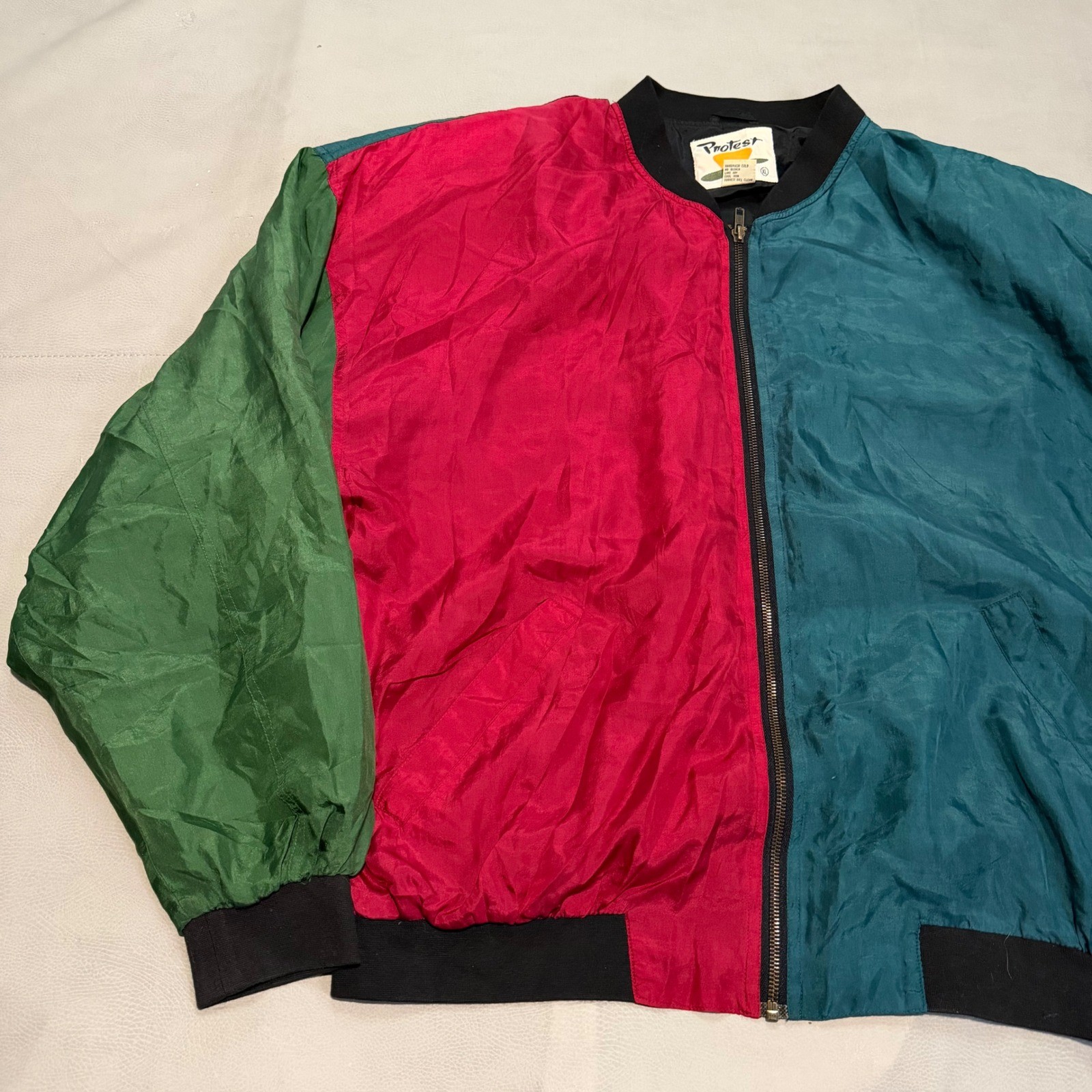 VTG Protest 100% Silk Colorblock Bomber Jacket Shoulder Pad Multicolor L-6858