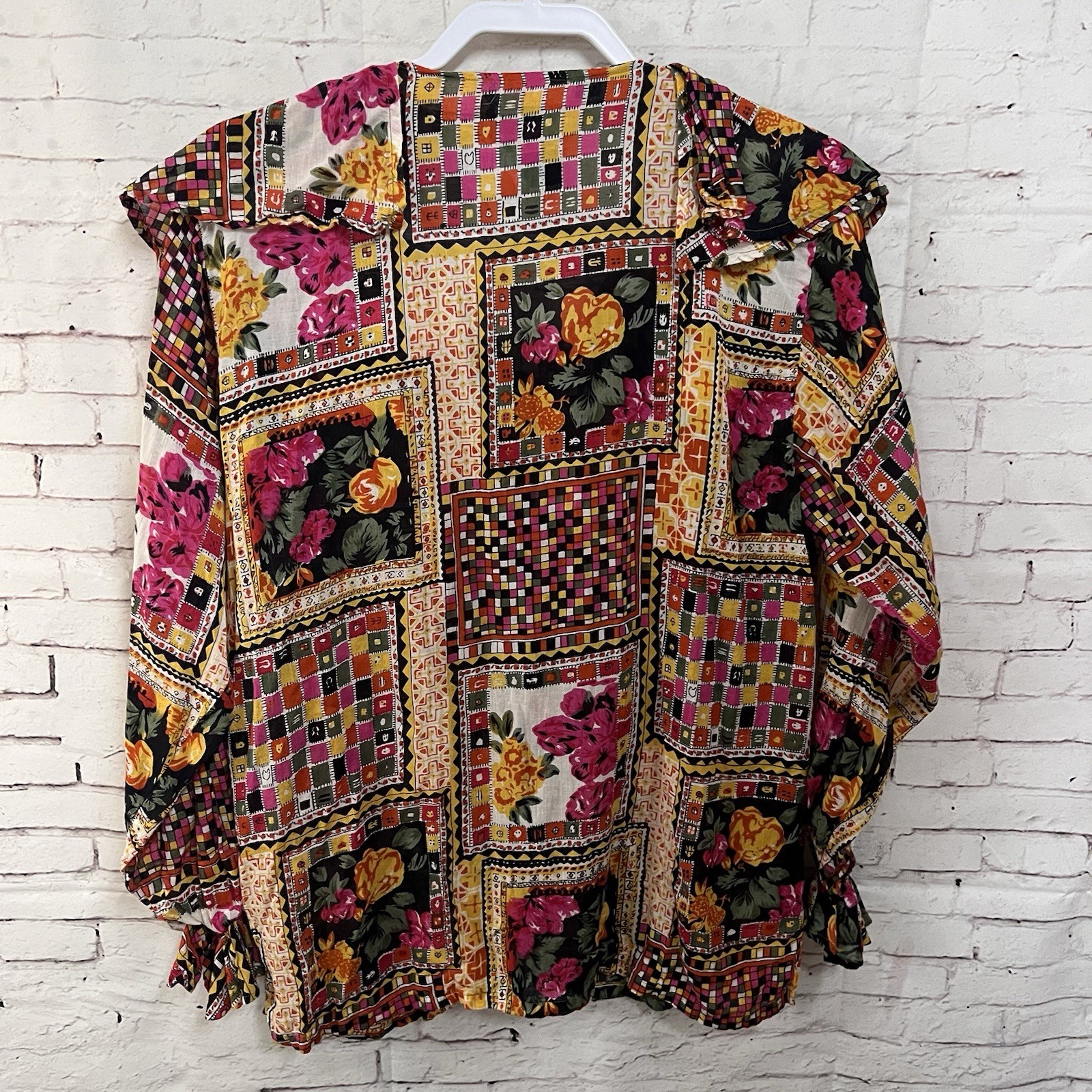 Vintage Gitano Blouse M Patchwork Floral Ruffle Collar Rayon Cotton 80s 90s Top