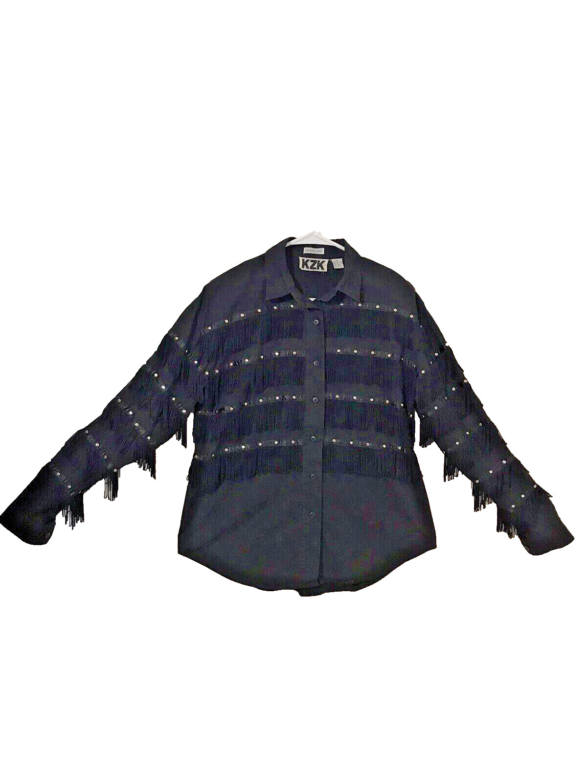 RARE 1993 KZK Women&rsquo;s Line Dance Western Shirt with Silver Beaded Tassels Medium