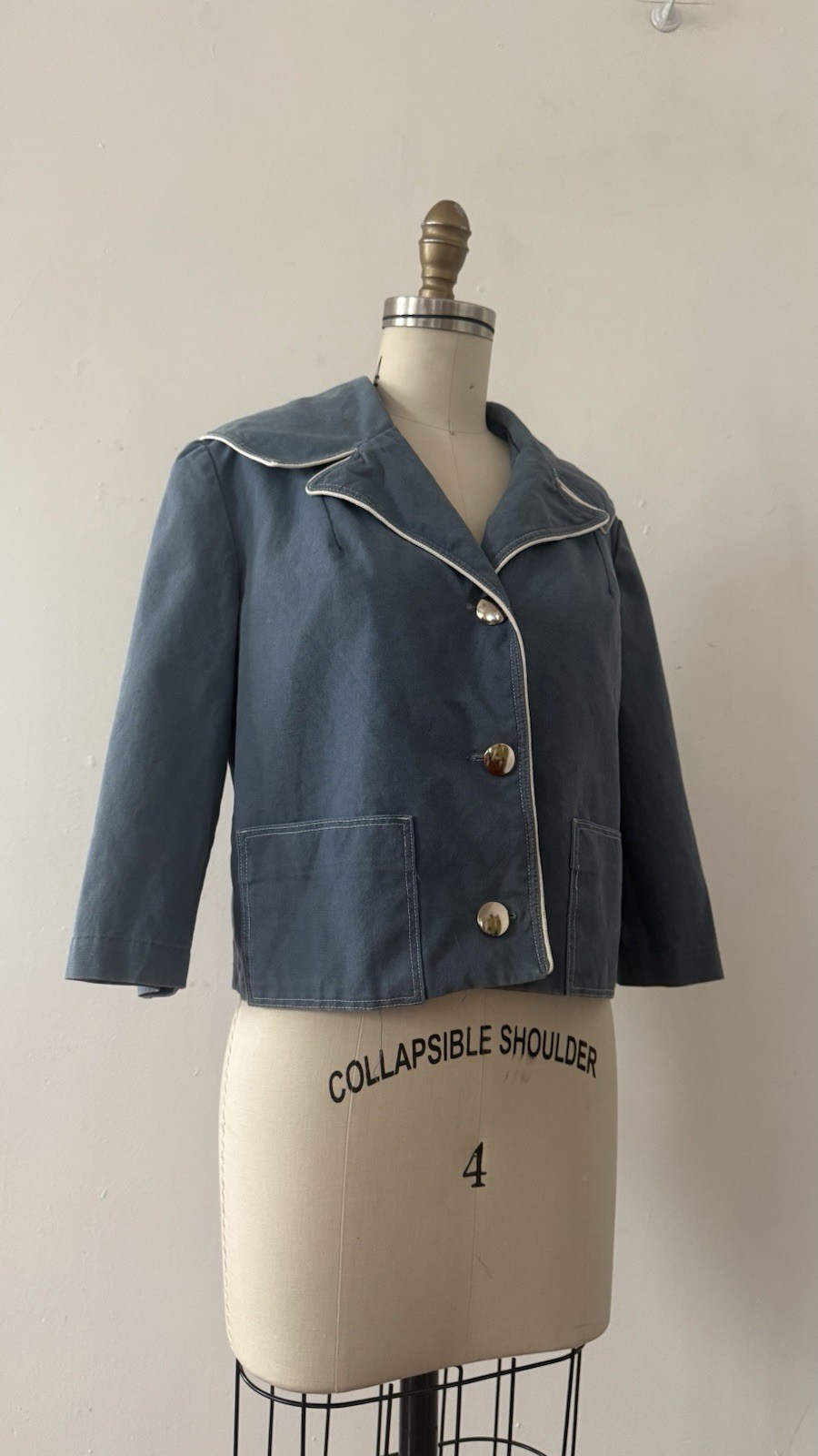 1950s Sailor Collar Cropped Jacket Dusty Blue Rayon Faille Nautical Sportswear