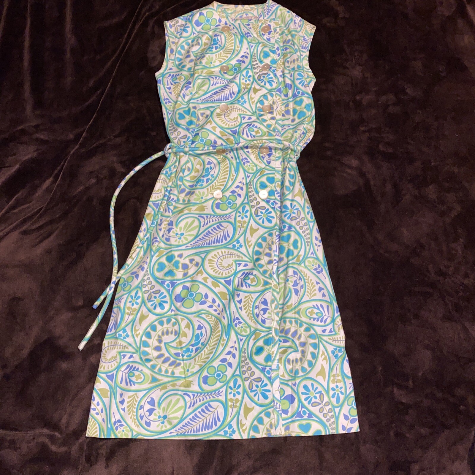Vtg 1950’s 60s L’Aiglon Floral Double Breasted Dress Green Blue Belt Paisley