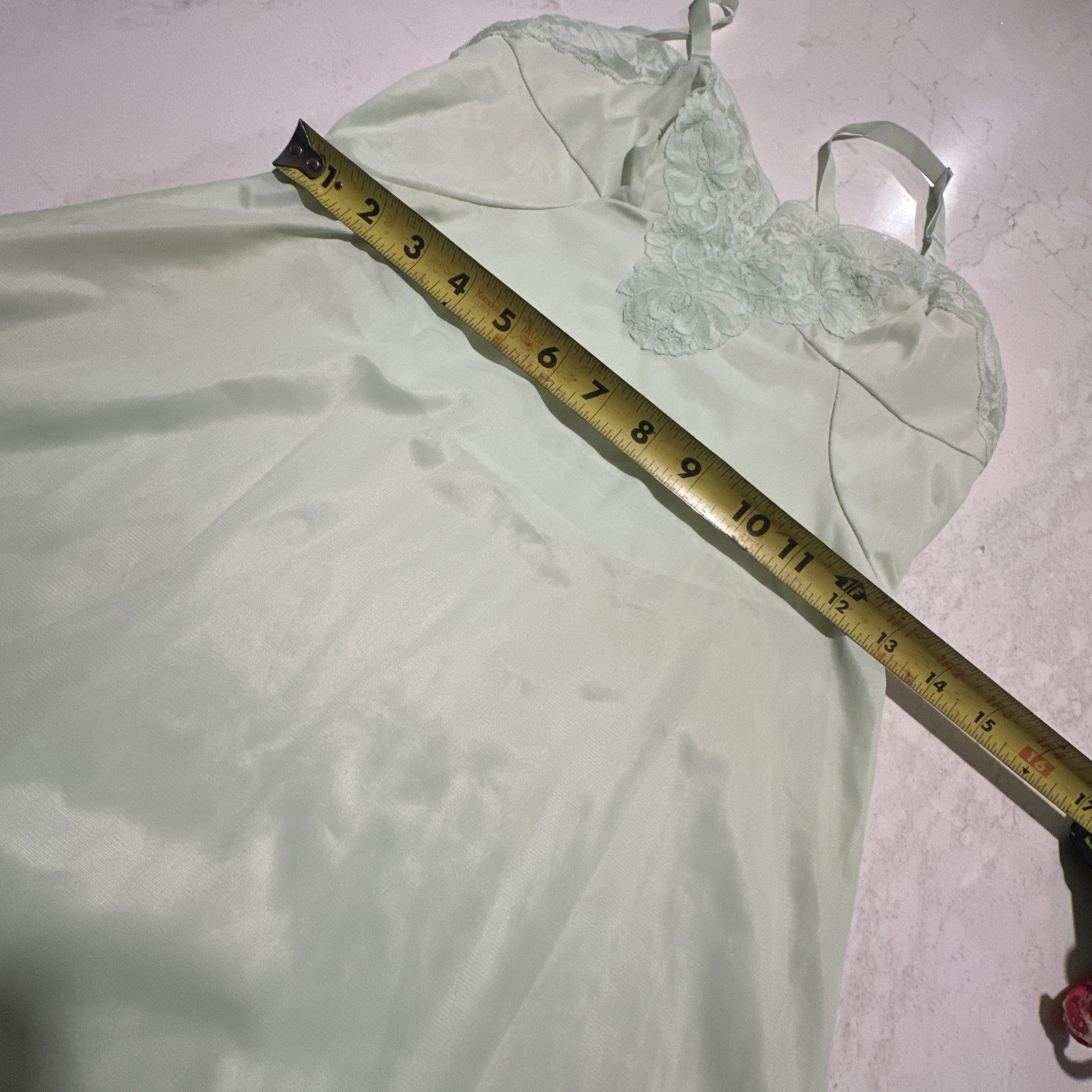 Vintage 70s Sears slip polyester negligee SZ 32 S Lt green Lace Adj Straps