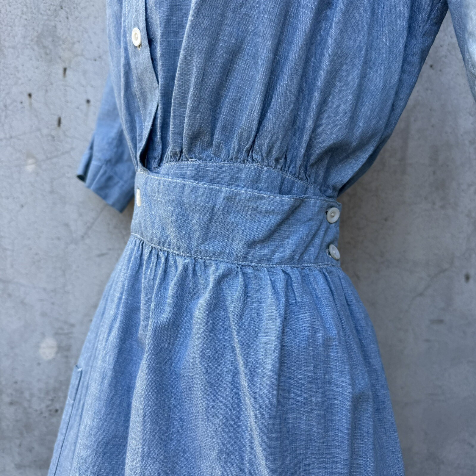 Antique Edwardian Blue Chambray Cotton Dress Workwear Prairie Maxi Vintage