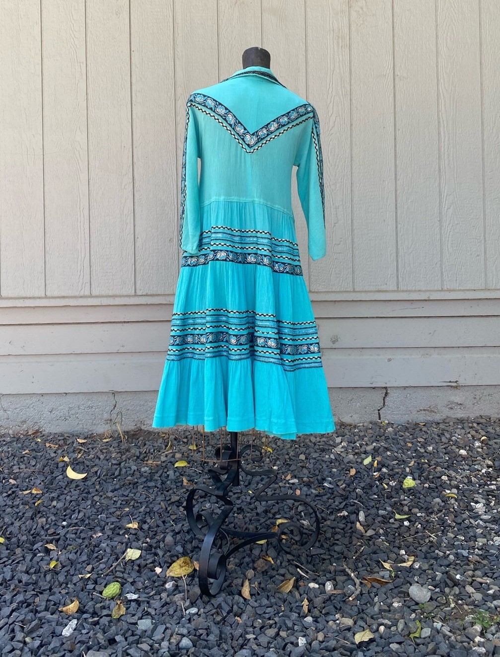 Vintage 1950s Western Patio Fiesta Dress Ric Rac Crinkle Cotton Ranchwear 34/36W