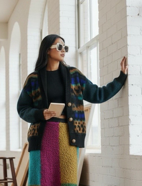 American Vintage Wool Cardigan Sweater Long Colorful Oversized Animal Print