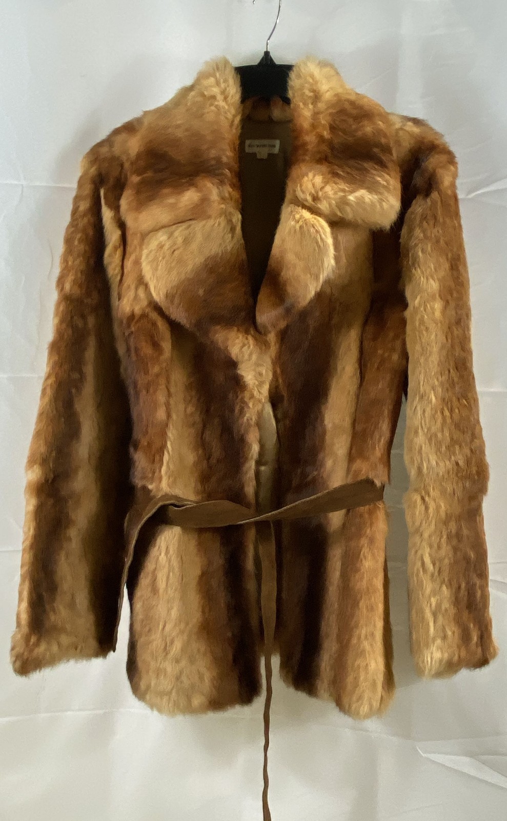 Vintage 80s Women&rsquo;s Natural Rabbit Fur Belted Mid-Length Coat Brown Hong Kong