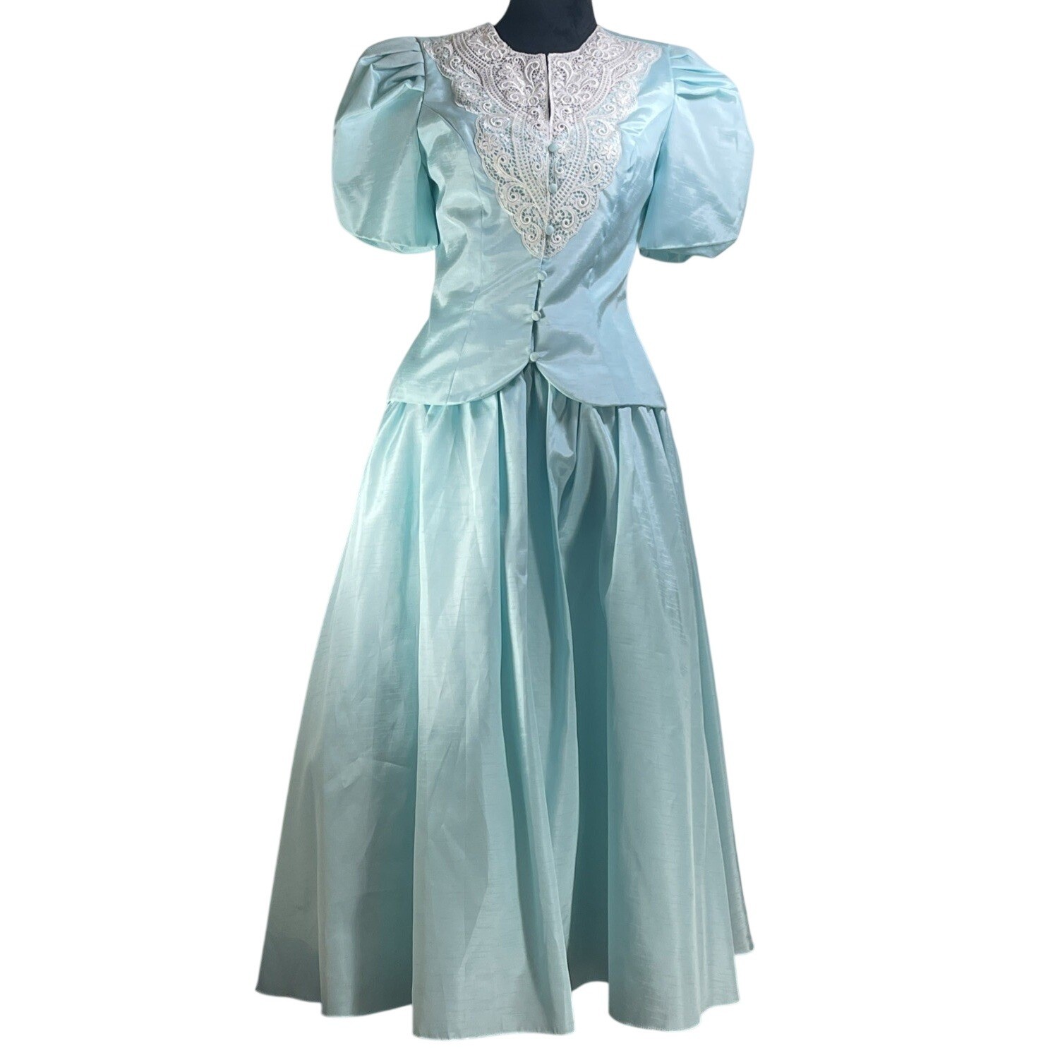 Vintage Light Blue 2 Piece Gown Set Lace Bib Puff Sleeve Basque Waist Maxi Skirt