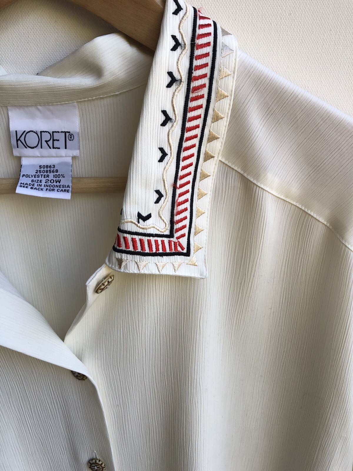 Koret Ivory Embroidered Collar Button-Up Long Sleeve Blouse Top Vintage Size 22w