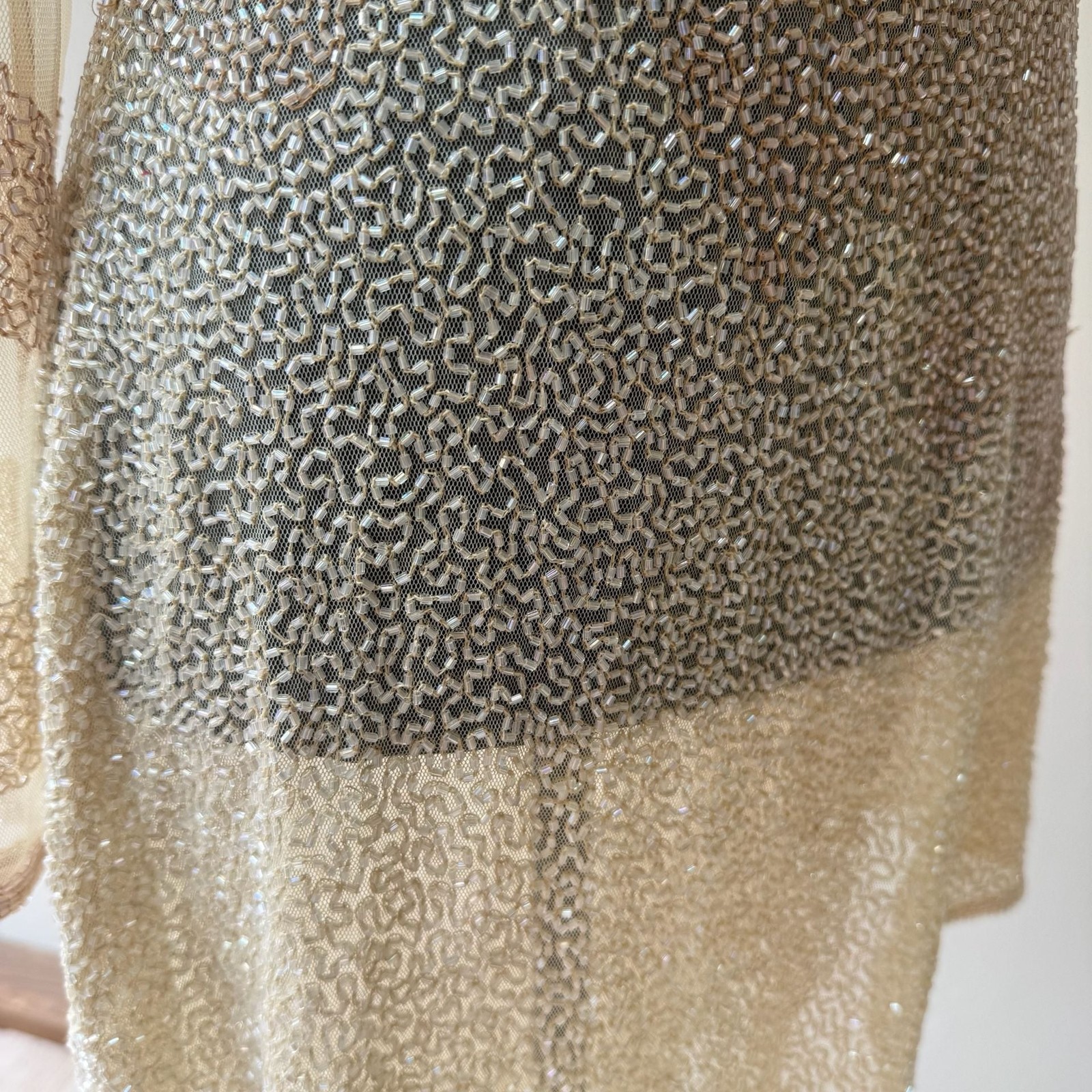 Vintage Fully Beaded Sequined Cream Asymmetrical Shirt Dress Sheer