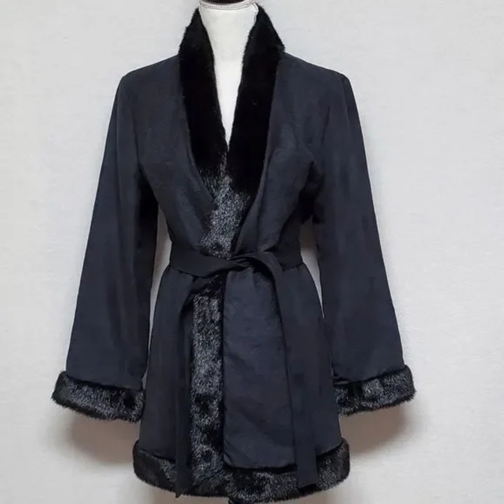 80s Vintage Extra Point by Reference Point Black Faux Suede Faux Fur Belted Coat