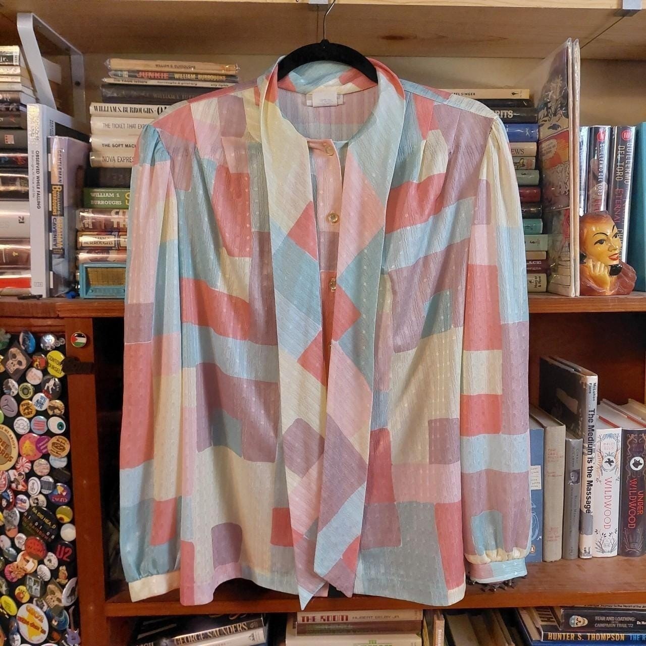 Vintage 1980s made in USA pastel button up with ribbon neck detail