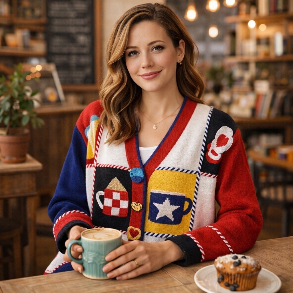 VTG Berek Cardigan Womens Small Patchwork Coffee Tea Art Sweater 90s
