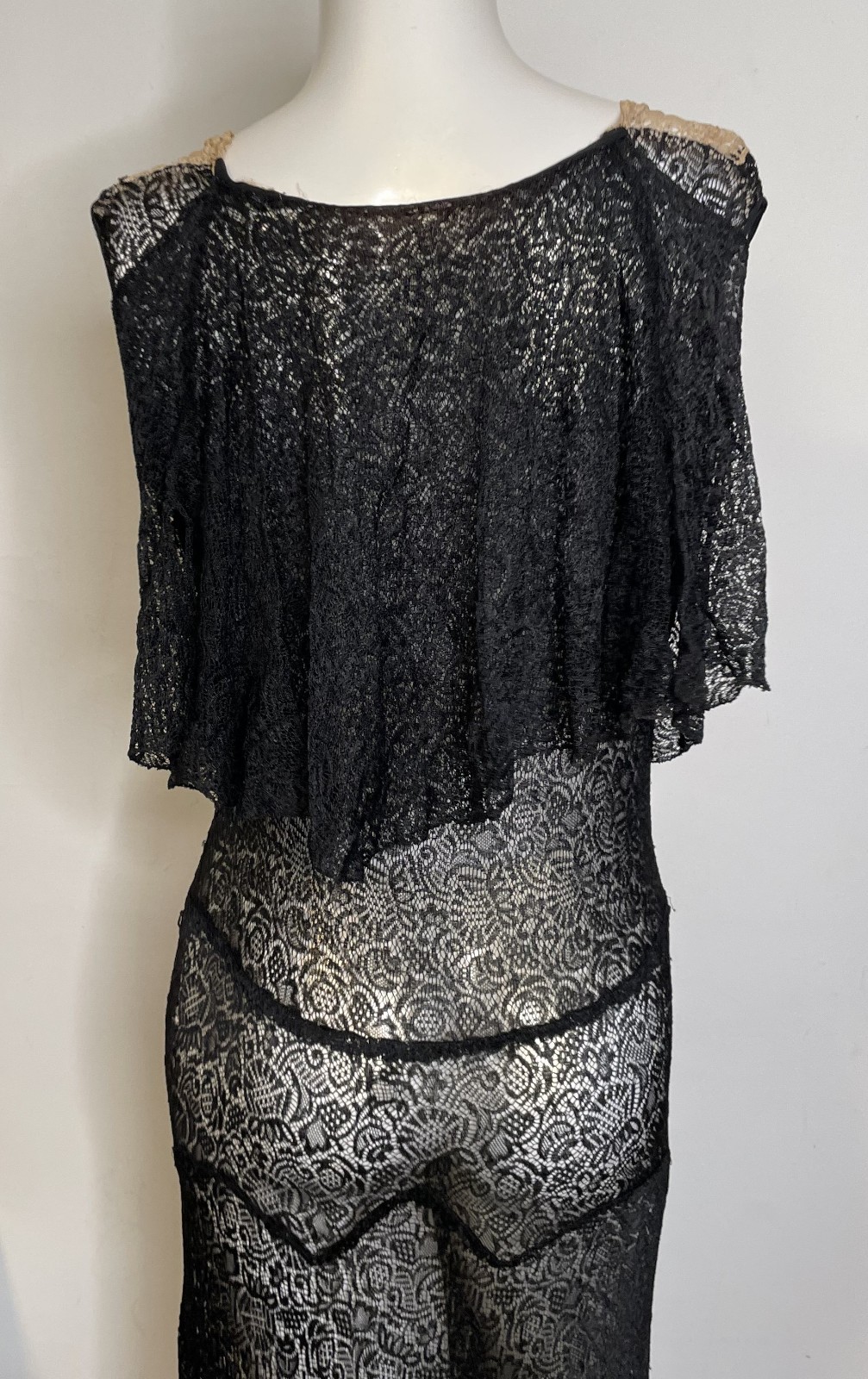 Antique 20s 30s Black Lace Art Deco Dress S M 3-in-1 Sleeveless Midi Fitted