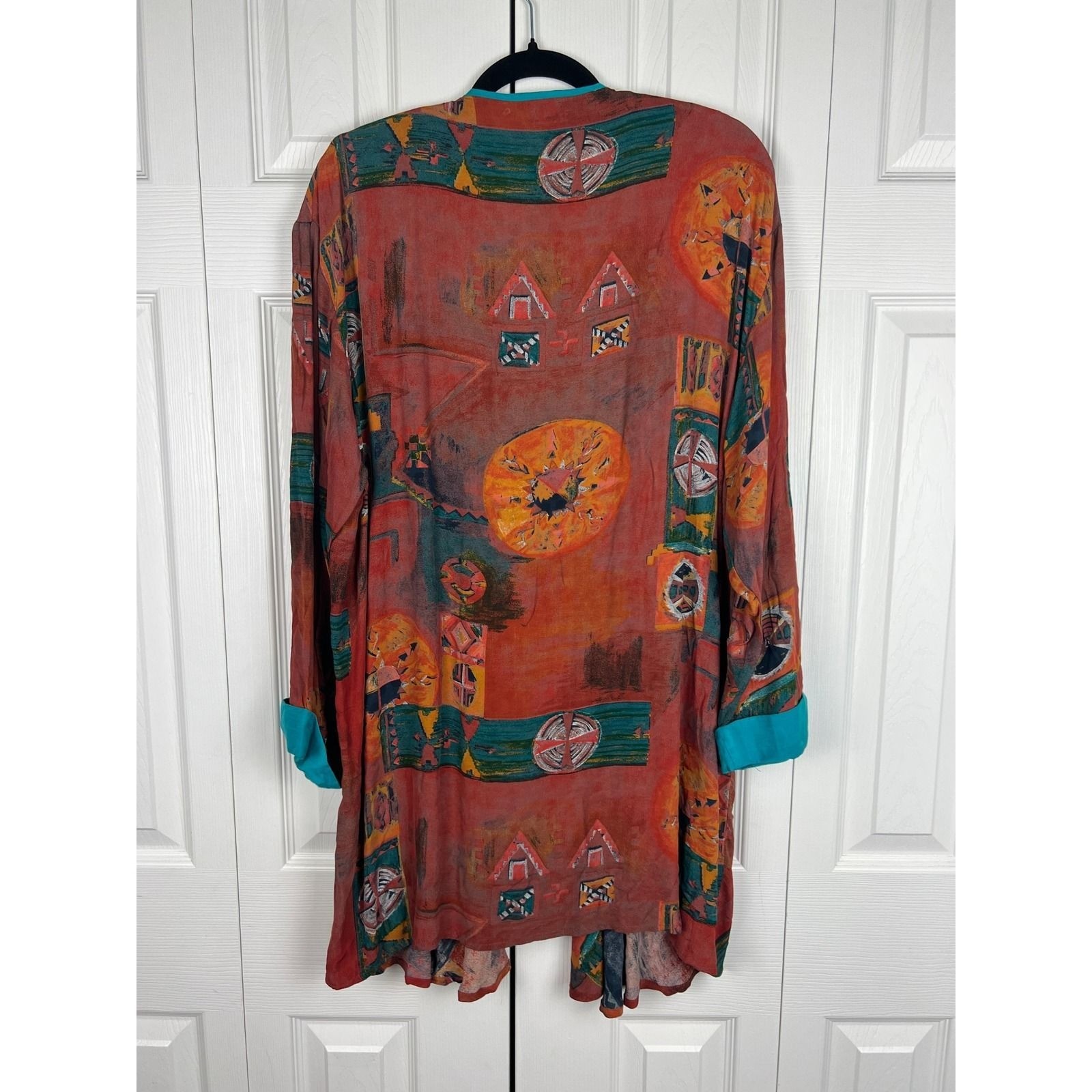 90s Abstract Rayon Duster Cardigan Boho Artsy Open Front Topper L XL Lagenlook