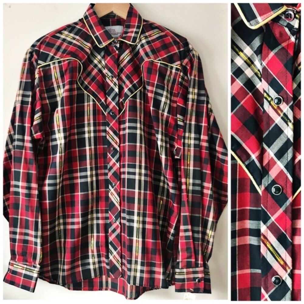 80s Kenny Rogers Western Plaid Button Down Piped Yoke Rodeo Chic Pearl Snap Sz M