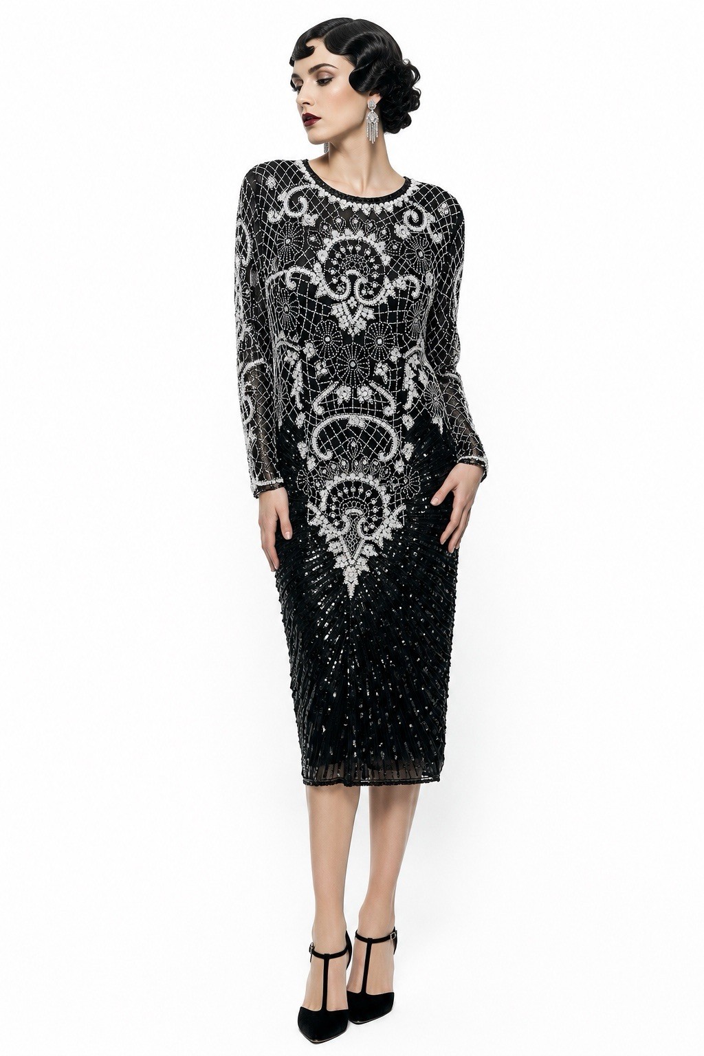 GREAT GATSBY INSPIRED SILK BEADED DRESS MEDIUM black art deco vintage 80s