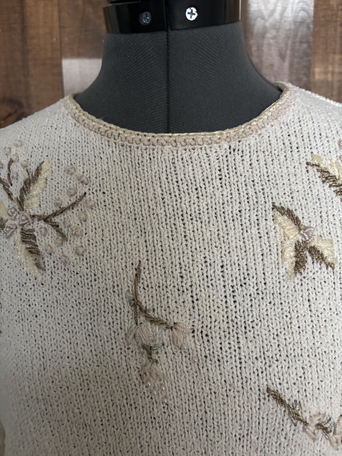 Vintage 90s Talbots Petites Beaded Floral Sweater M Ramie Cotton Beige