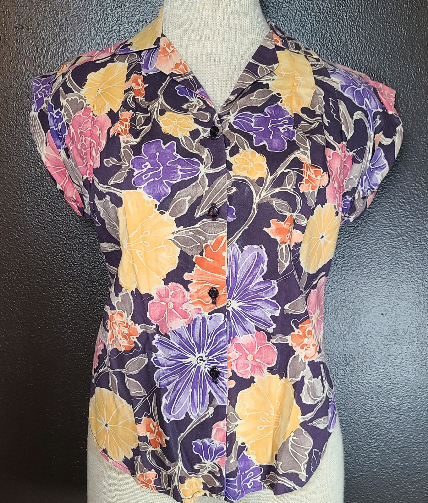 Vintage 70s Womens Blouse Floral Cap Sleeve Button Up SZ SM/Med Summer Kitschy