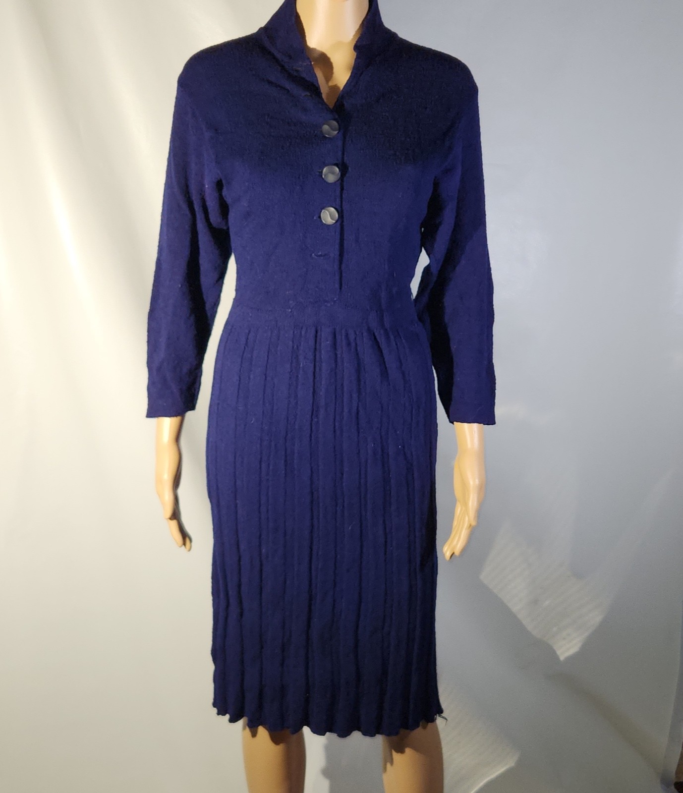 Vintage 1950s Wool Rayon or Nylon Knitted Sweater Dress Skirt Blue MCM 50s