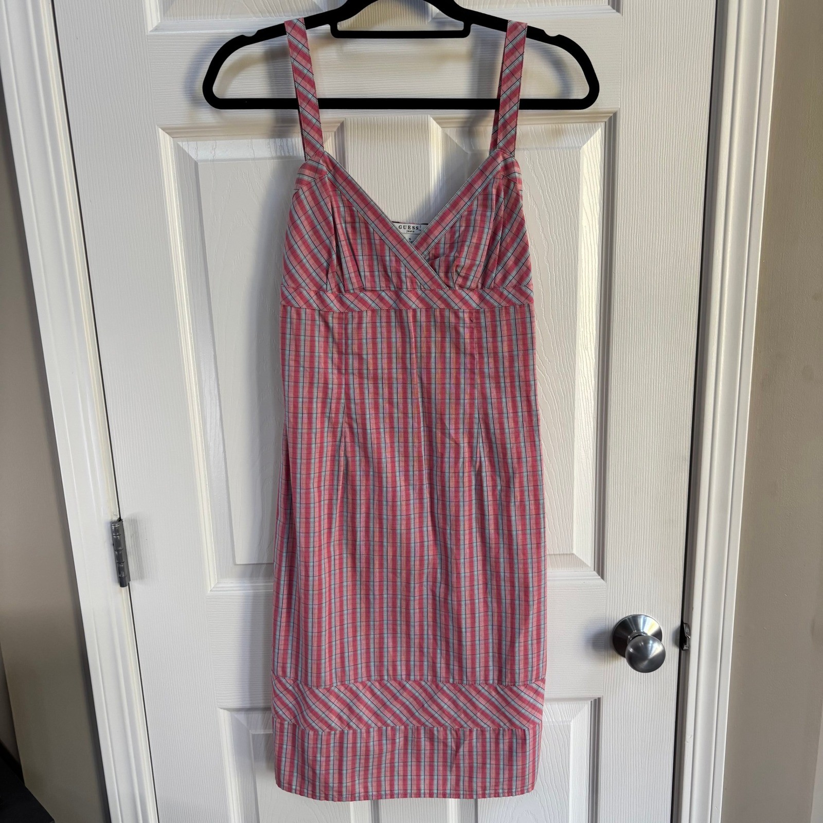 Vintage Y2K Womens Guess Jeans Pink Plaid Cotton Sundress V-Neck Back Tie Size 5
