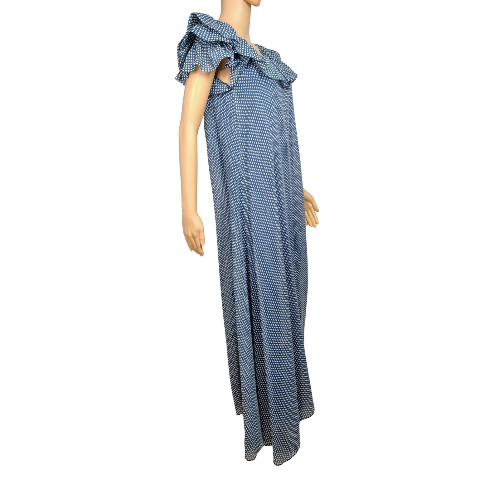 70s Joseph Magnin Blue Polka Dot Evening Gown Maxi Ruffled Neckline Dress Size 8