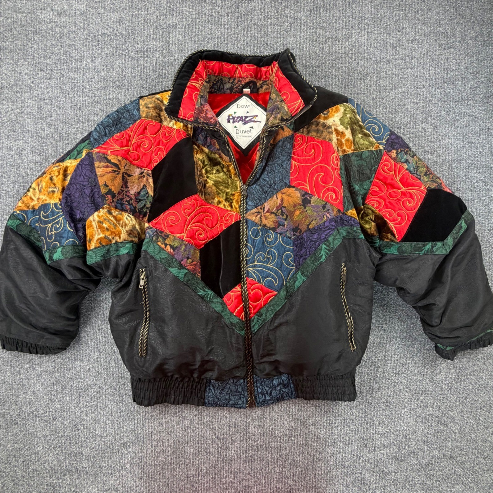 Vintage Pizazz Duvet Down Puffer Jacket XS Patchwork Velvet Brocade 80s 9682