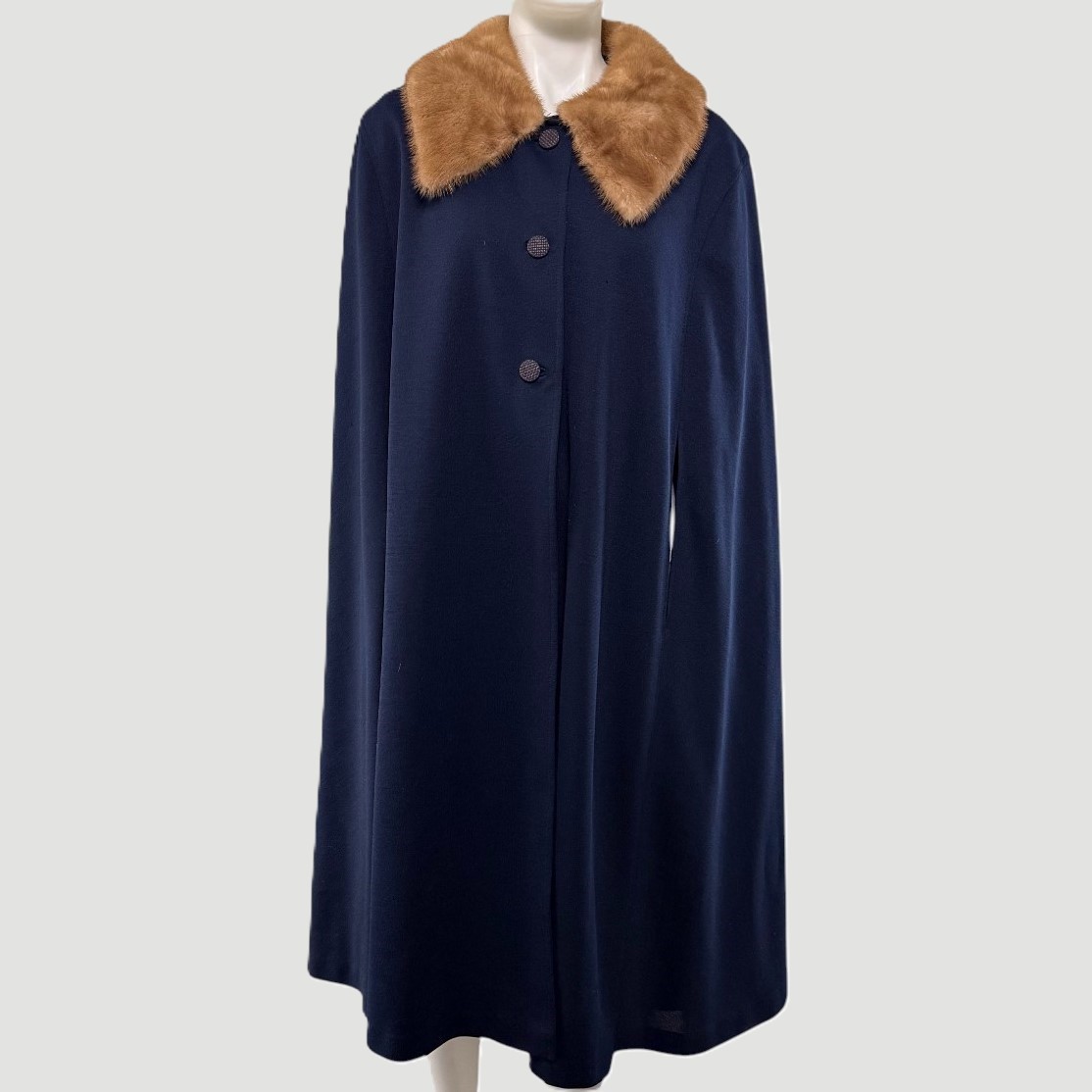 Vintage 1950s Opera Cape Cloak Navy Wool Fur Collar Swing Coat Satin Lined