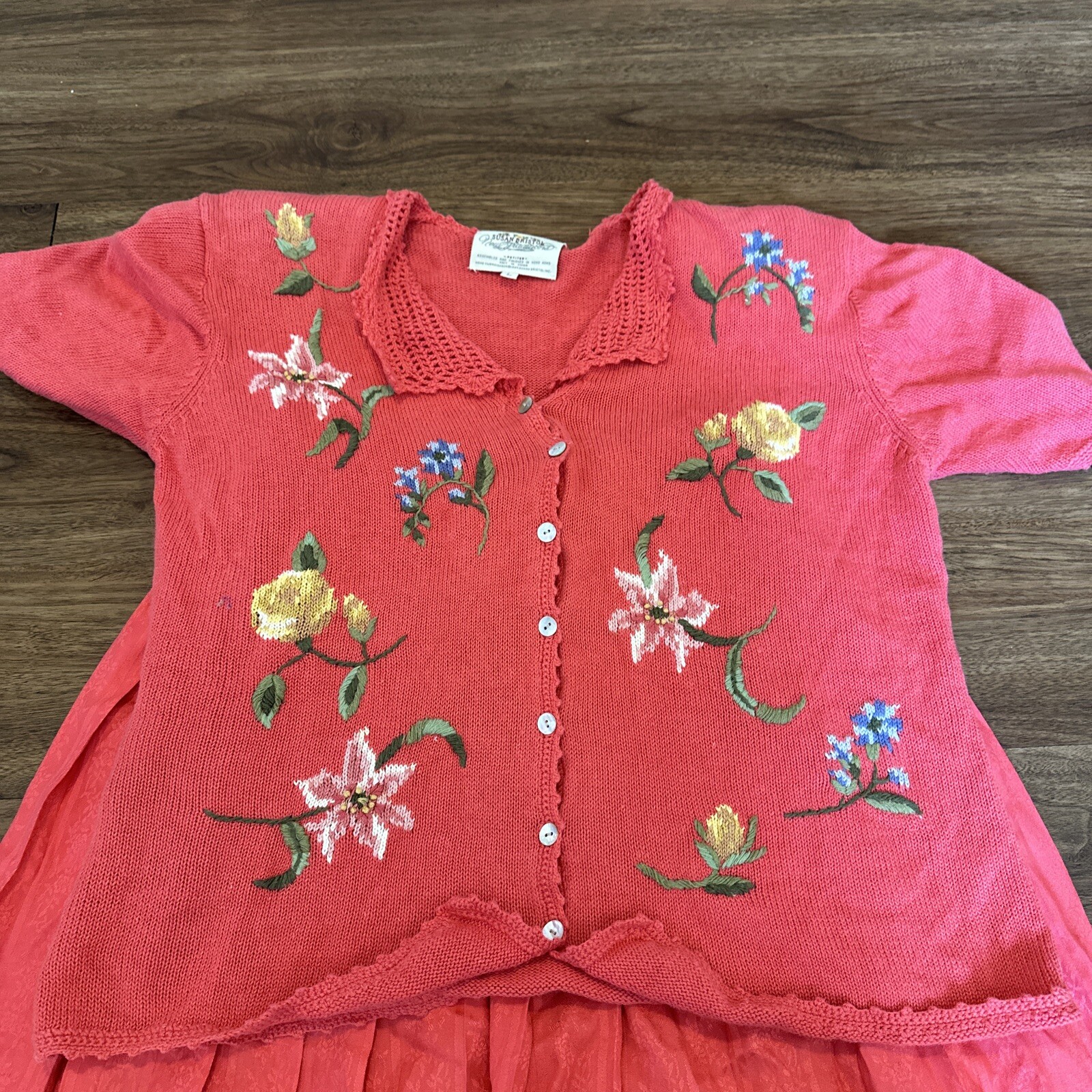 Vtg Susan Bristol Hand Embroidered Sweater Skirt 2 Piece Floral L Petite Med LG
