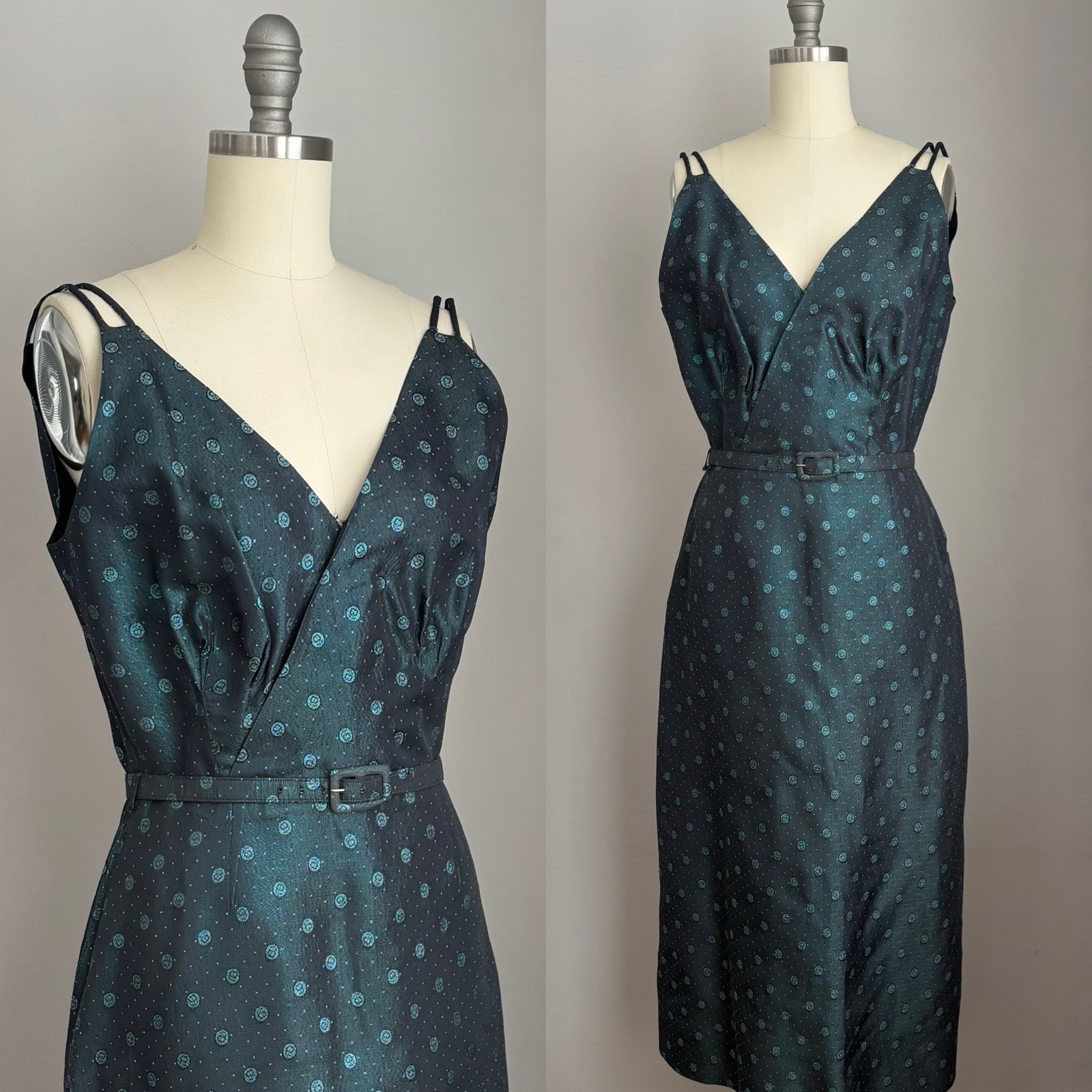 Vintage 1940’s Blue Taffeta Cherries Cherry Print Dress & Jacket Set Size XS/S