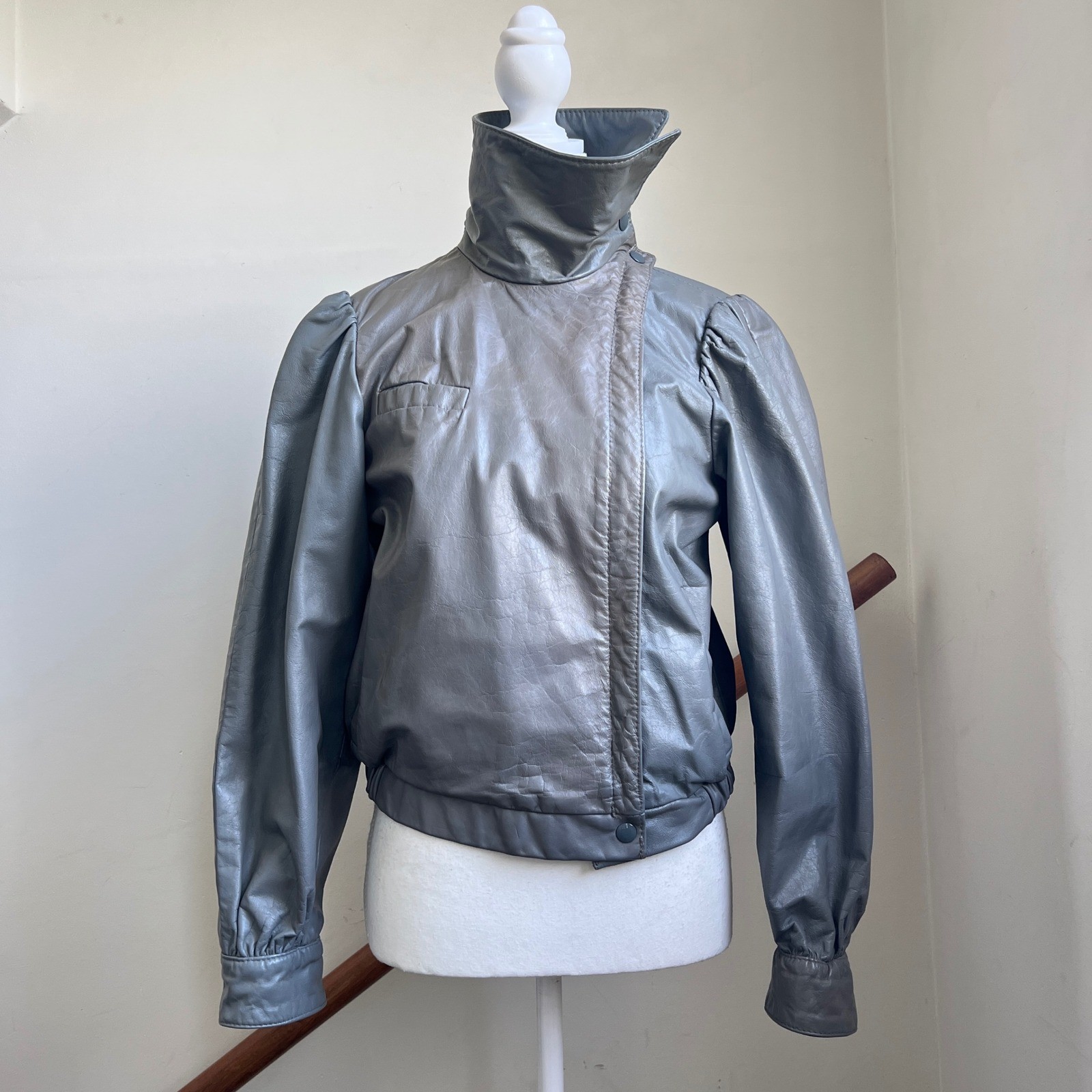 Vintage 80s Leather Jacket Small Gray Stand Collar Funnel Neck Retro Avant Garde