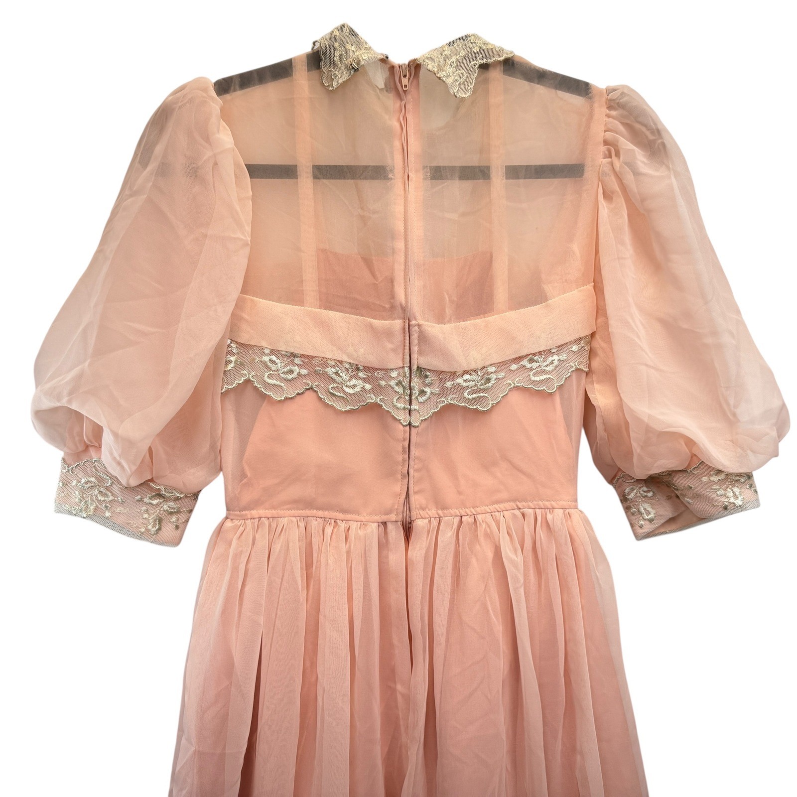 Vintage Peach Chiffon Lace Midi Dress Size XS Puff Sleeve Regency Core Pink Gown