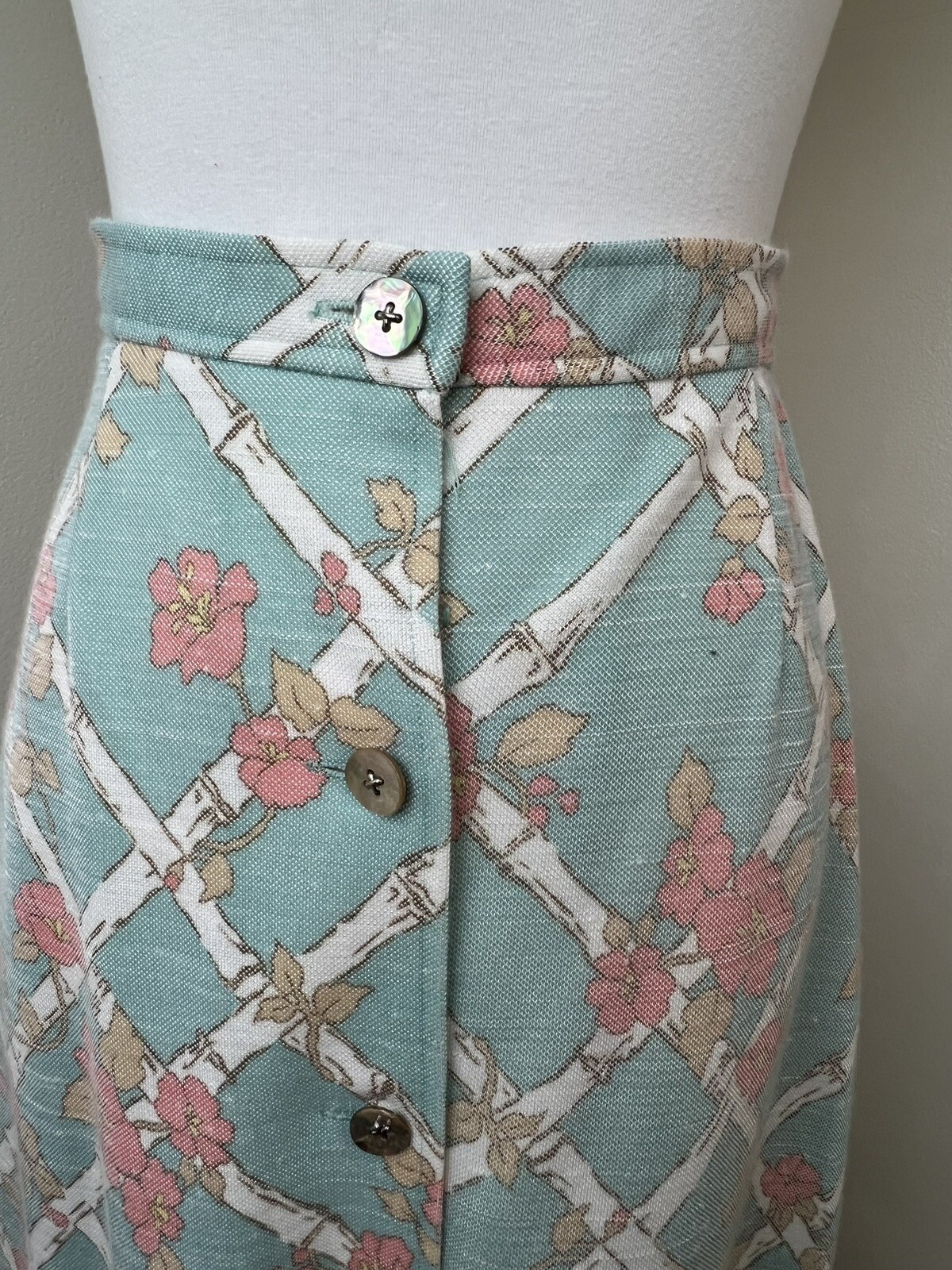 Vtg 60s 70s Floral Maxi Skirt Bamboo Lattice Glen of Michigan Hippie 26&Prime; Waist
