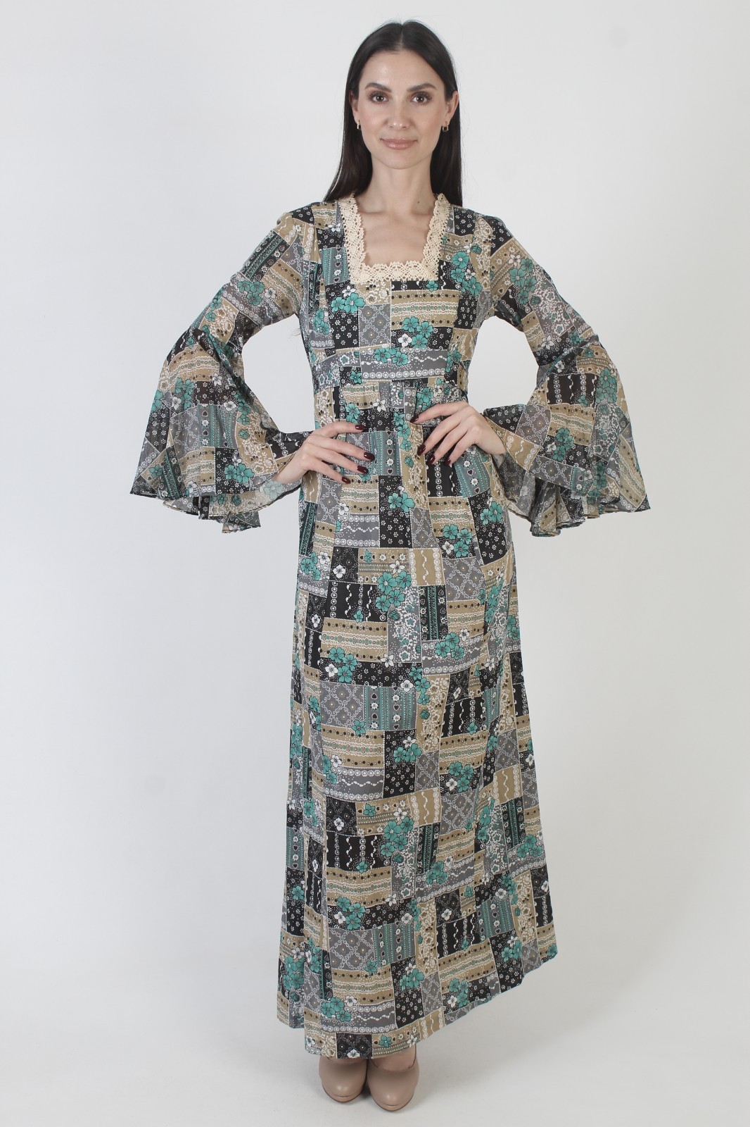 Vtg 70s Patchwork Dress Kimono Angel Sleeves Boho Wedding Prairie Cottage Maxi