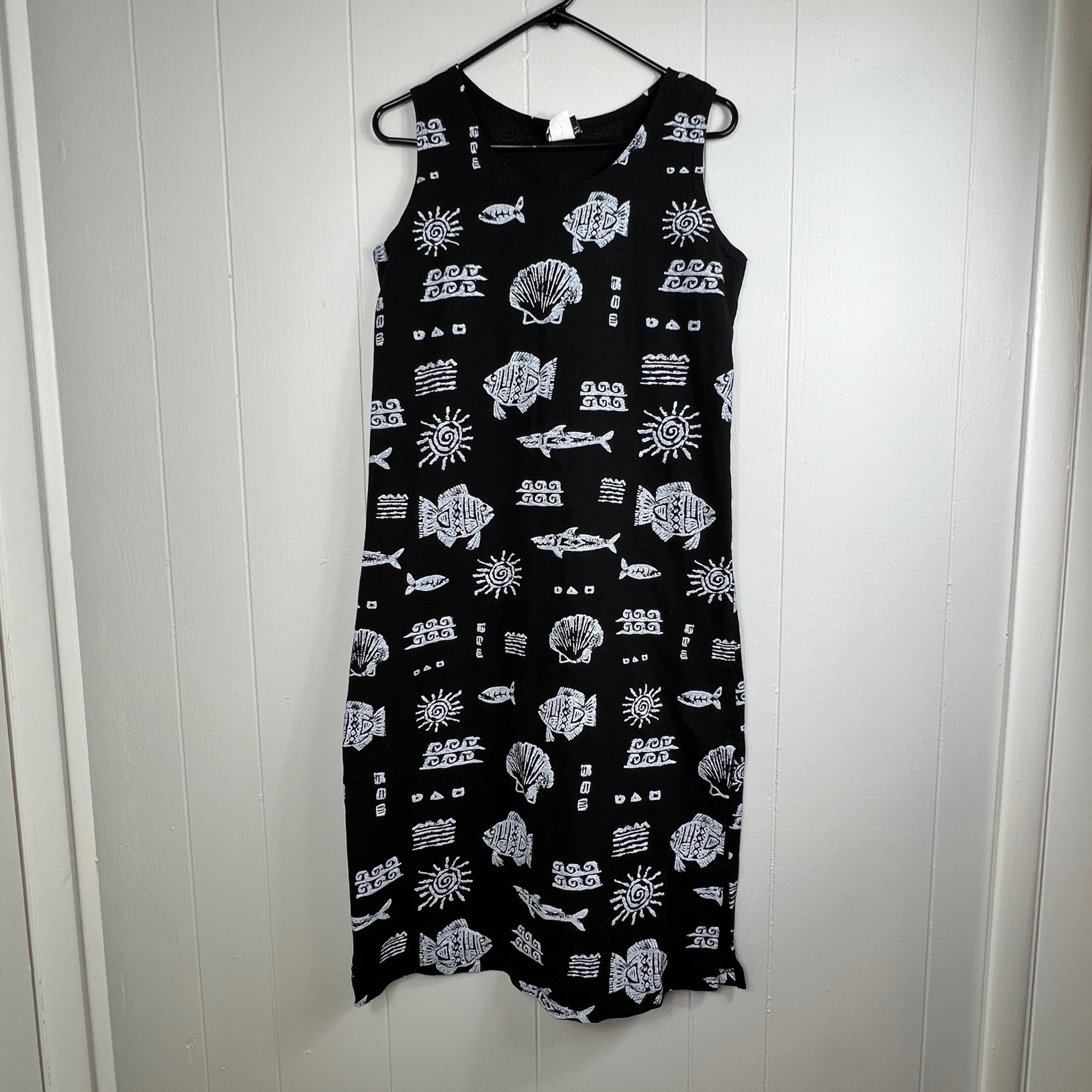5th & Ocean Midi Dress Women Small Black Nautical Fish Shell Sun Print Vintage