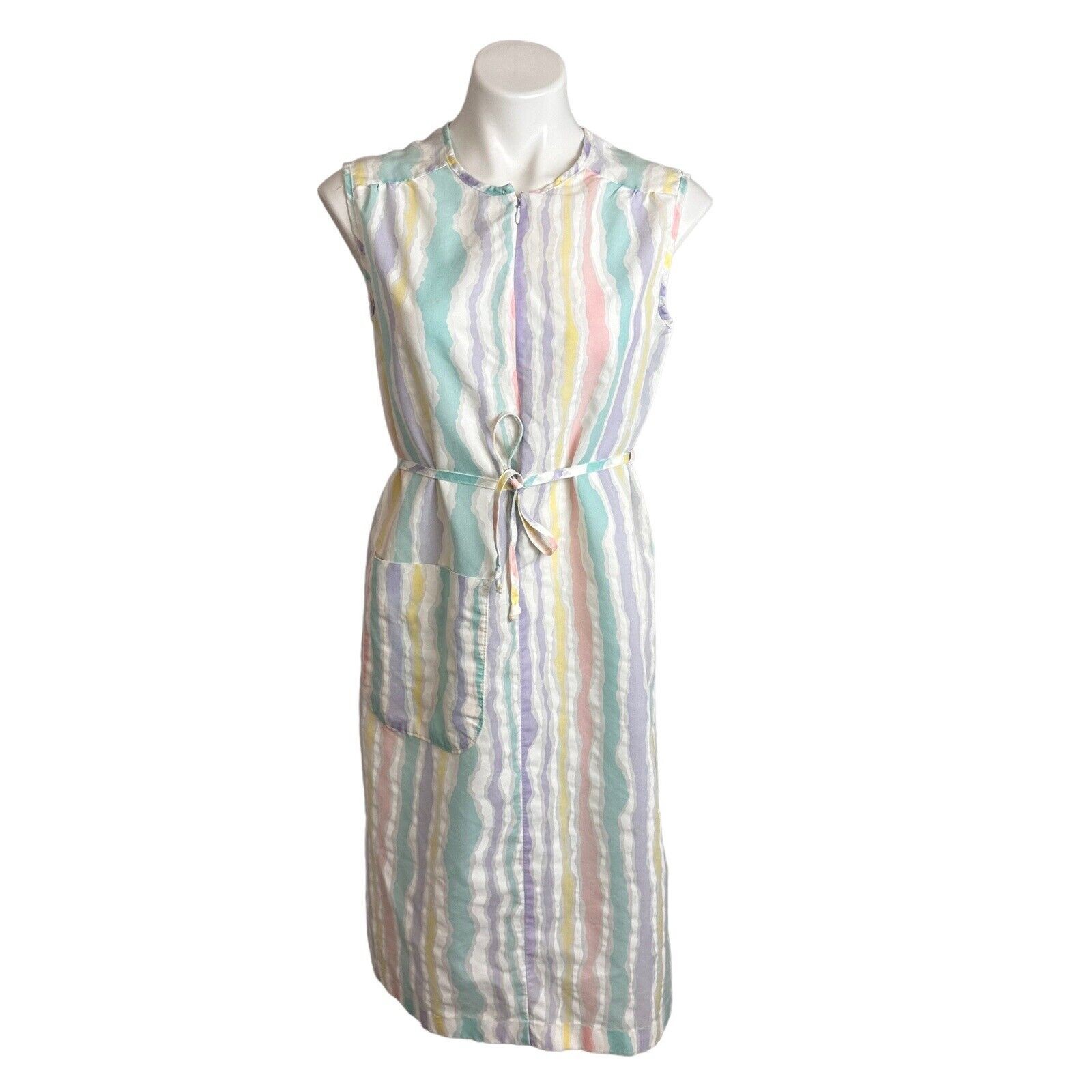 Smart Time House Coat Day Dress Multicolor Striped Half Zip Front Belt Vtg Sz S