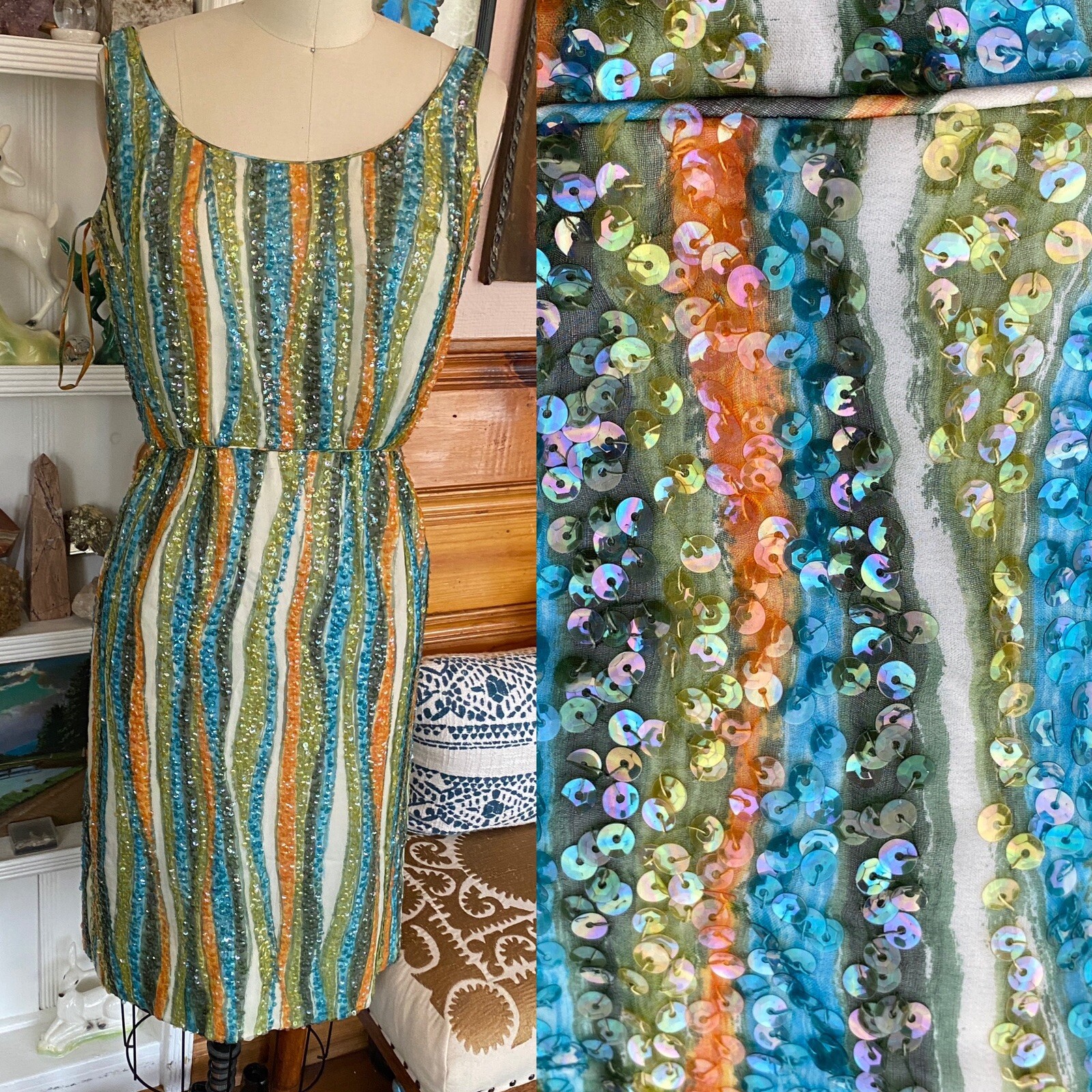 VTG Sequin Dress Multi Color 0 2 XS sleeveless green British Crown Colony