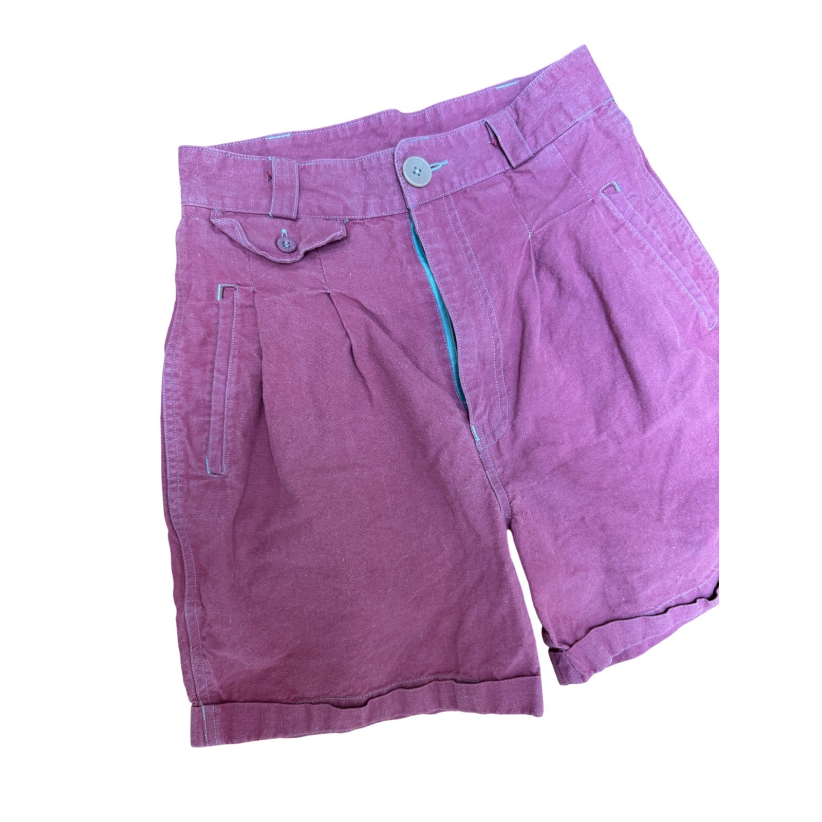 Vintage Gitano High Waisted Shorts Mauve Ramie Cotton Pleated Teal Zip Size 9/10