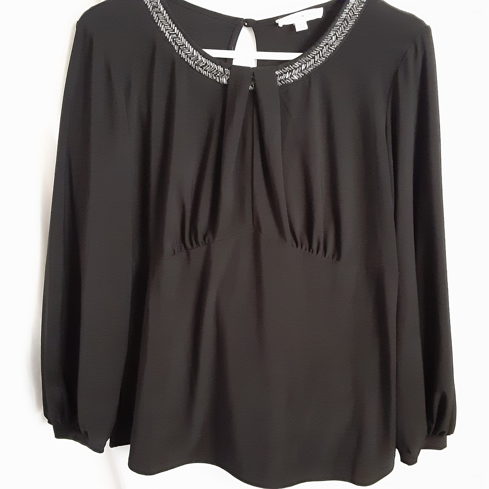 VTG 90&rsquo;s Perception Concept Blouse LARGE Black Silver Beaded Accent Neckline