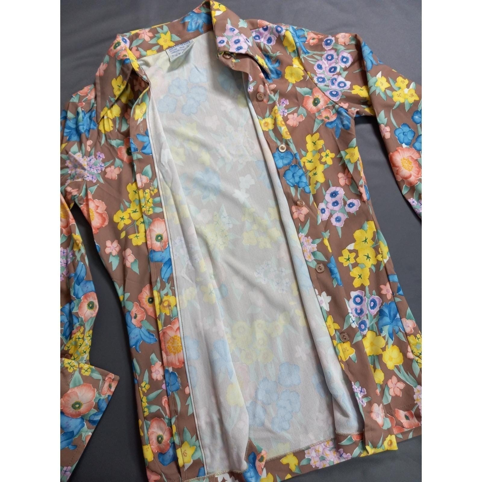 Vintage Sears Perma-Prest Floral Button Down Shirt Brown Blue Yellow 70s Size 12