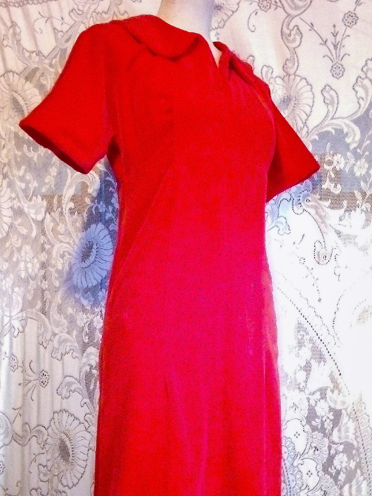 VTG 60s Empire Waist Bright Red Soft Cotton Fitted Maxi Velvet Dress S