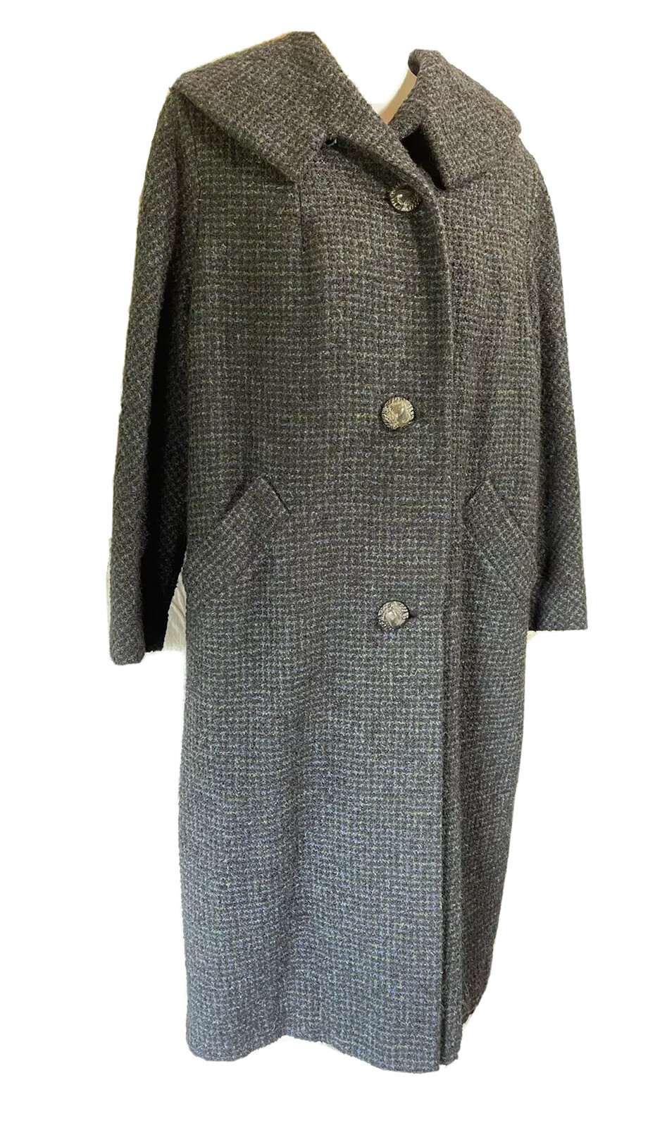 Vintage Coat Size Medium Large Long Wool Black Blue Green Gingham Overcoat M L