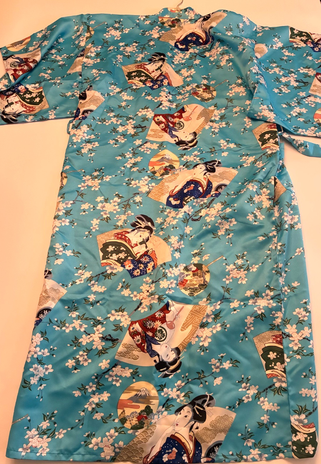 Sky Blue GEISHA KIMONO ROBE Large BELTED Long Bravo Japan Maxi Wrap Turquoise
