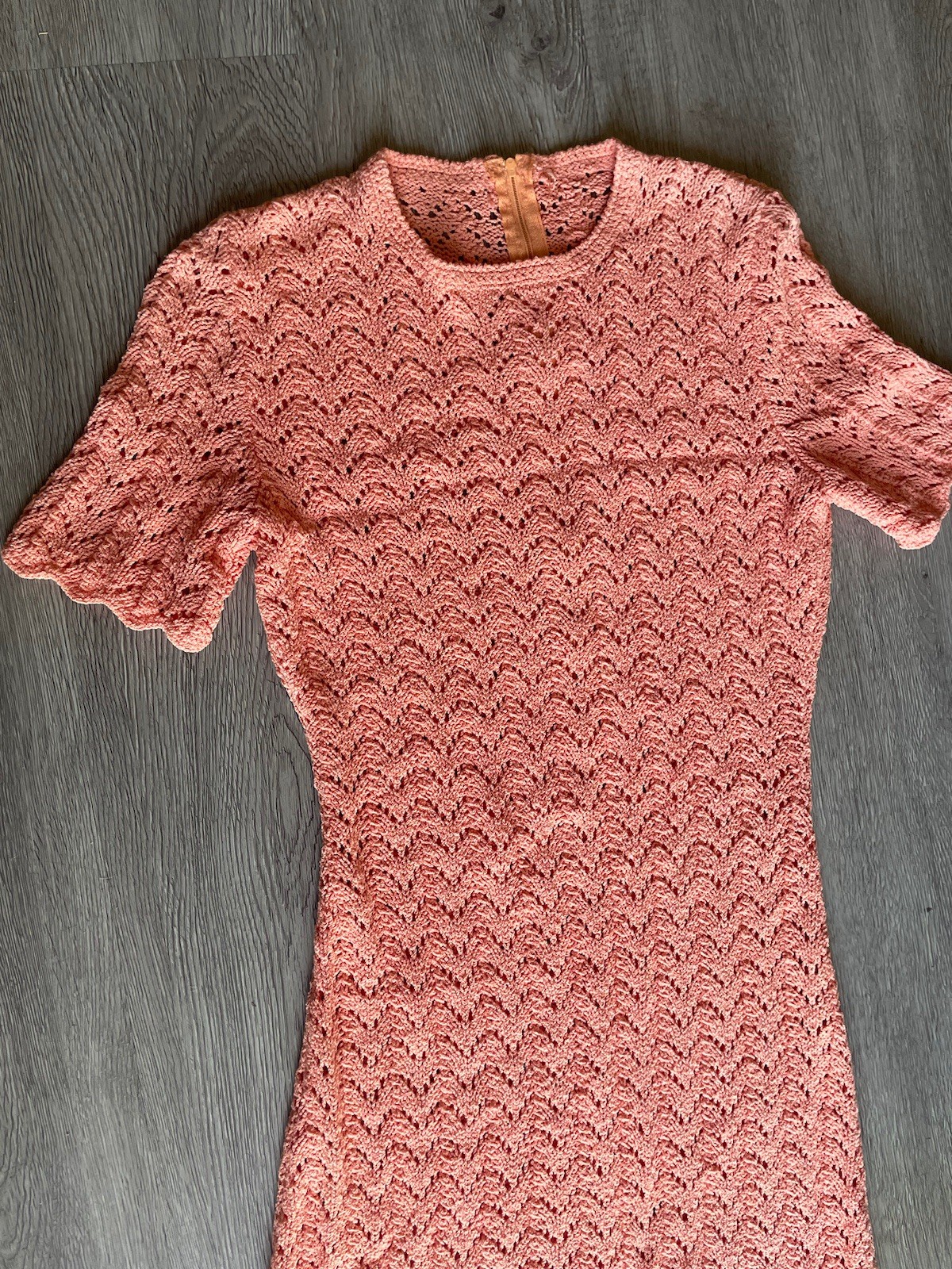 Salmon pink vintage open crochet mid length zipper back dress 60s or 70s 1970s