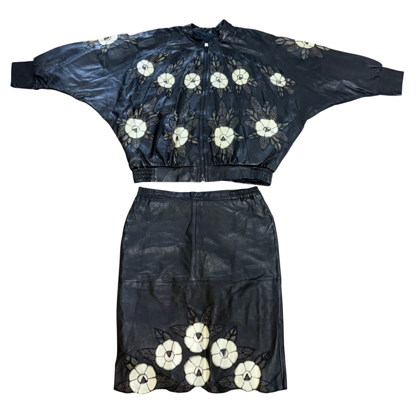 Vintage 80s Black Leather Floral Appliqué Matching Set Batwing Jacket & Skirt XL