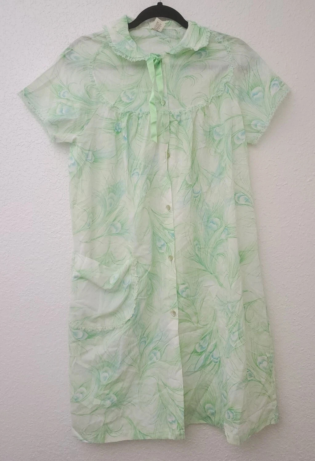 Vintage 60s Texsheen Lingerie Semi Sheer Green Robe Nightgown Lace Trim Size 32