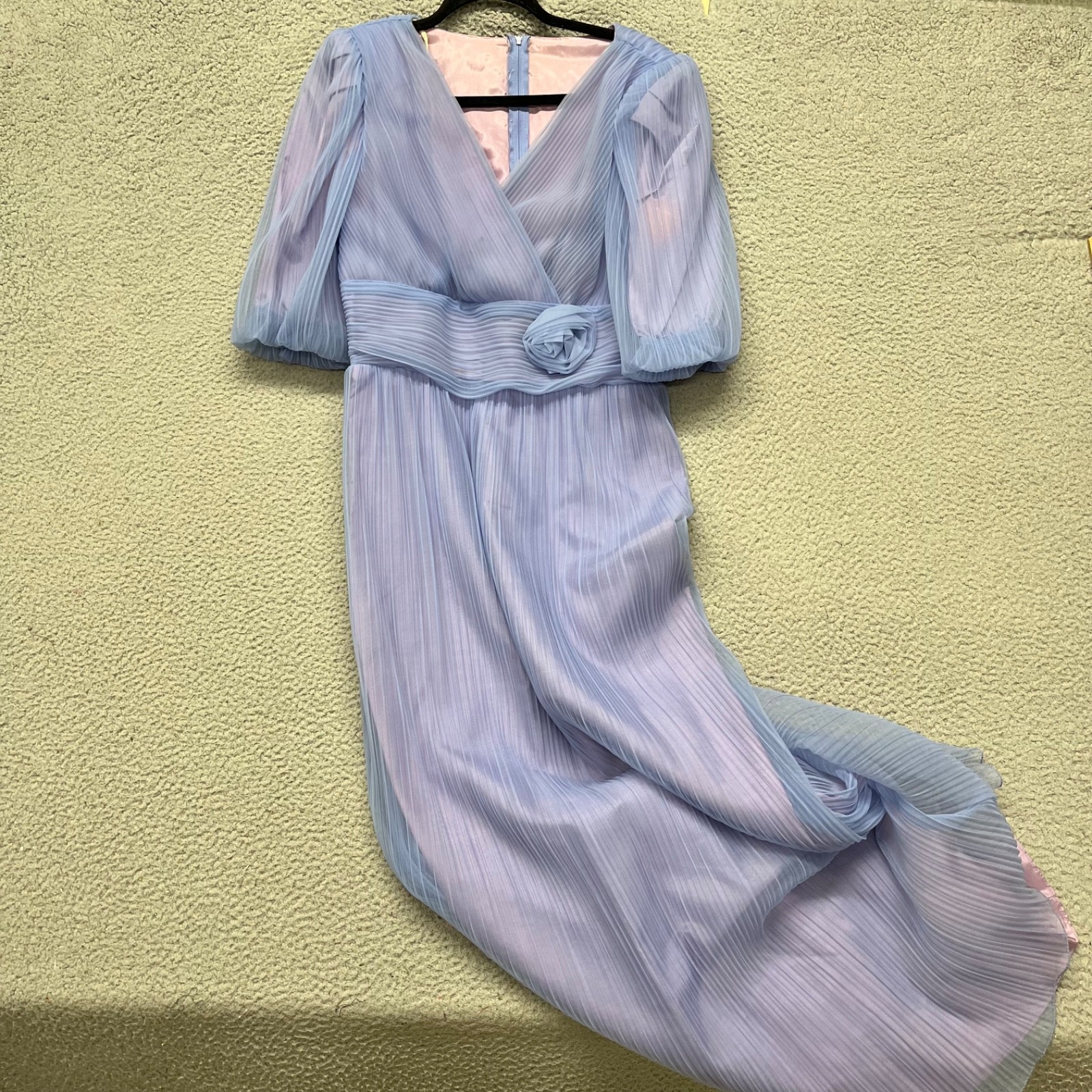 70&rsquo;s Alicia Dress Womens 14 Purple Chiffon Puff Sleeve Flower Retro Vintage